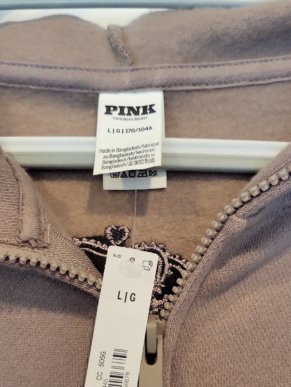 PINK Victoria's Secret Ivy Fleece Campus Full Zip Hoodie Taupe Brown Large NWT - Picture 6 of 11